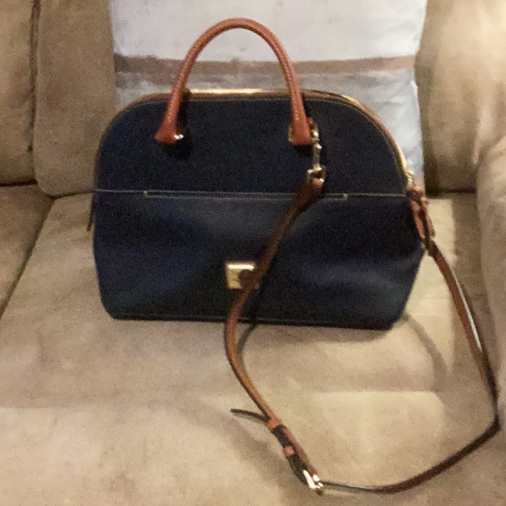 Dooney and Bourke Blue leather satchel bag with tan trim